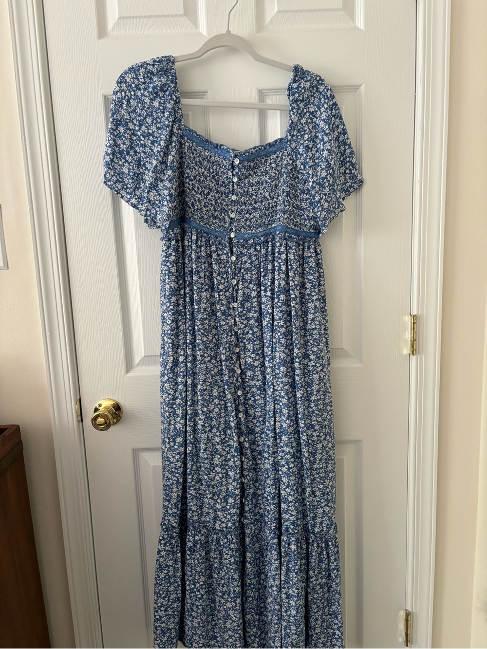 Blue Floral Maxi Dress with Button Front